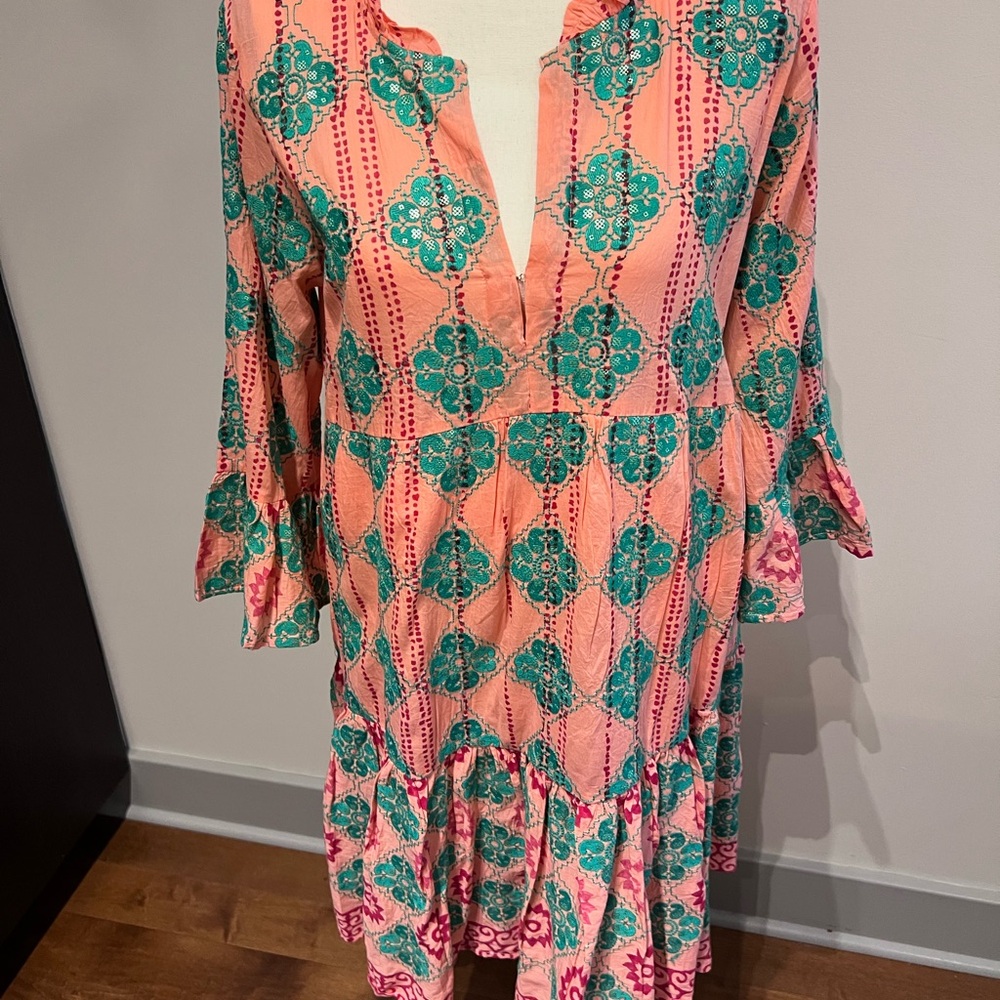 Oliphant Women's Long Sleeve Dress in Pink and Green Pattern